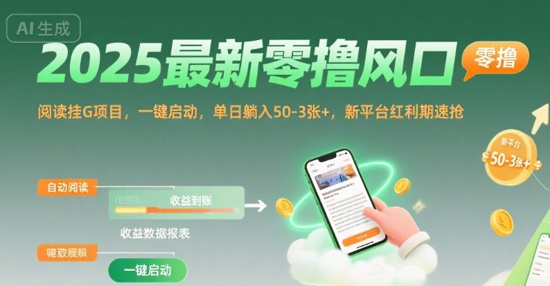 2025最新零撸风口，阅读挂G项目，一键启动，单日躺入 50-3张+，新平台红利期速抢【揭秘】-龙腾资源站