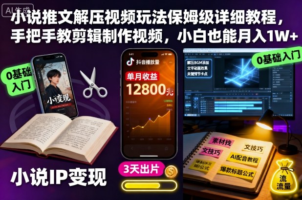 小说推文解压视频玩法保姆级详细教程,手把手教剪辑制作视频,小白也能月入1W+-龙腾资源站