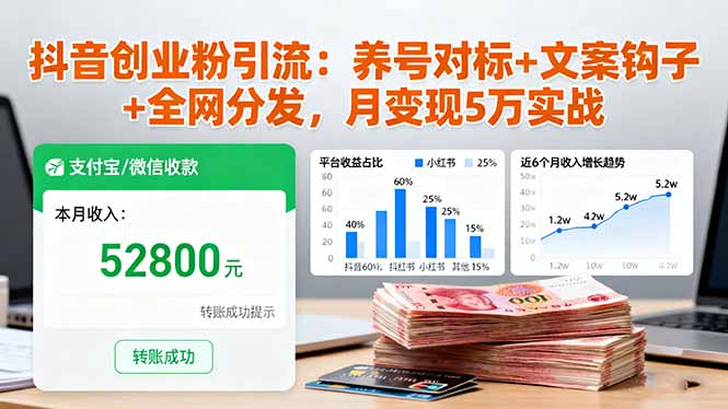 抖音创业粉引流：养号对标+文案钩子+全网分发，月变现5万实战-龙腾资源站
