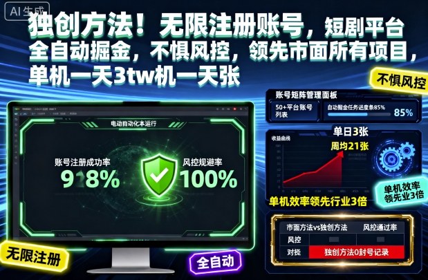 独创方法!无限注册账号,短剧平台全自动掘金,不惧风控,领先市面所有项目,单机一天3张【揭秘】-龙腾资源站